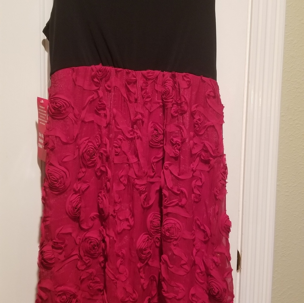 Fun party dress with red flowers on the skirt.